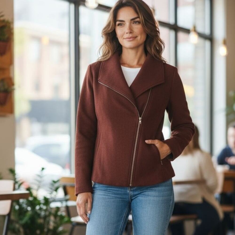 Vintage DC established Warm Moto Jacket Sz S Maroon Fabric Preppy Peplum‎ Zipper
